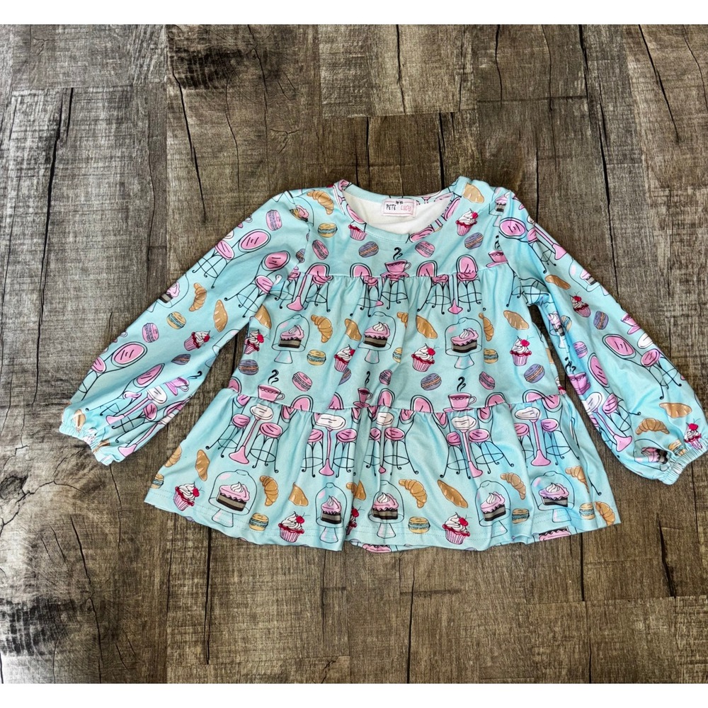 Pete + Lucy Girls Blue French Bakery Macaron Pastry Print Tiered Tunic Top 2T